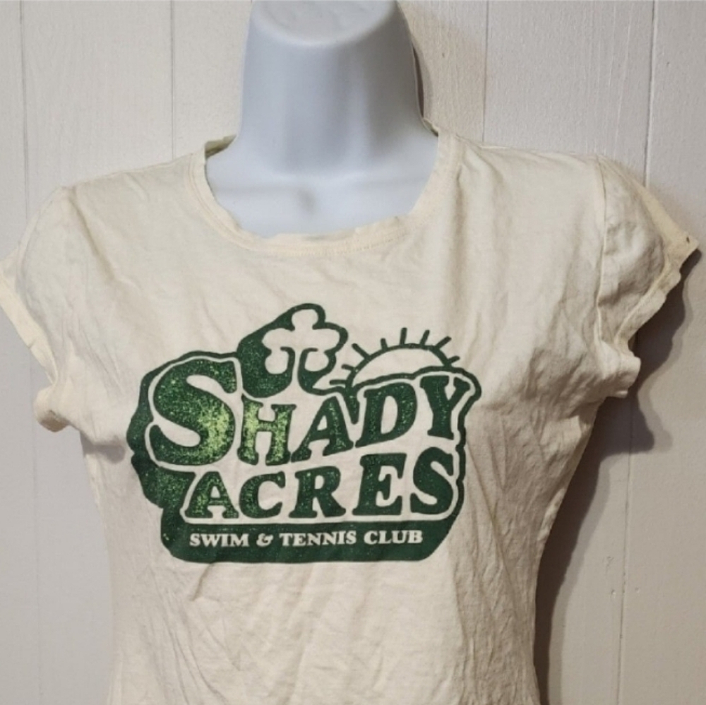 American Eagle Shirt Medium Shady Acres Short Sleeve Cream‎ Green Cap Sleeve